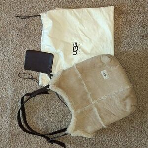 UGG Australia Sheepskin Suede Shearling Tote Hobo Shoulder Bag Matching Wristlet